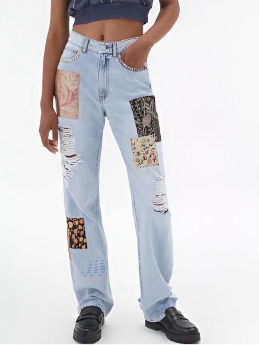 BDG Light Blue High-Rise Cowboy Printed Patchwork Jeans